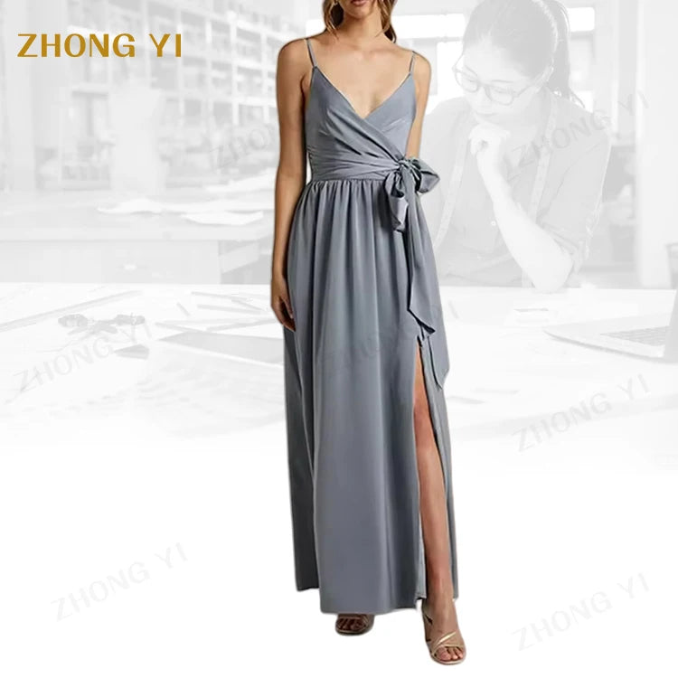 Clothing Manufacturers Custom Sleeveless V Neck Elegant Backless High Slit Tie up Spaghetti Strapped Long Evening Long Dresses