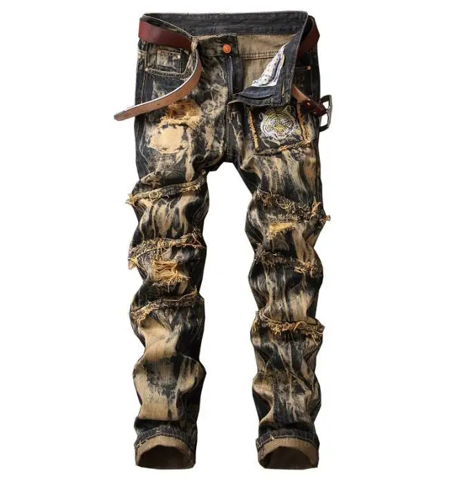 High Street Fashion Mens Vintage Personal Designer Ripped Hole Denim Jeans Punk Pencil Pants Mid Waist Eco-Friendly