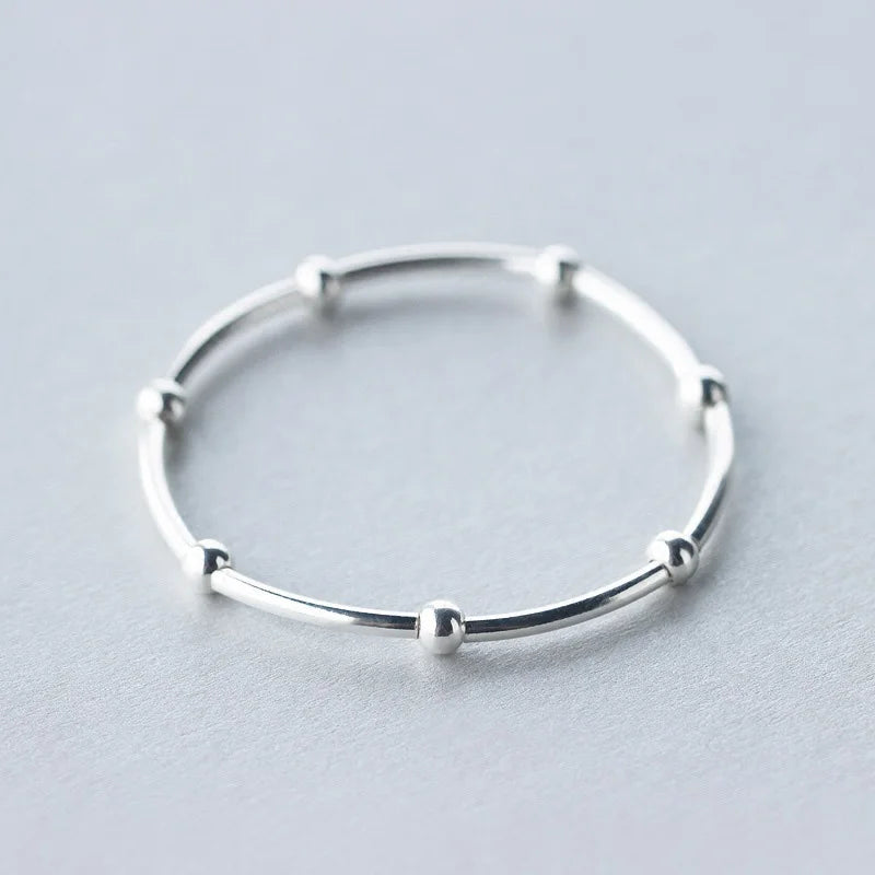 925 Sterling Silver Bent Tube with Beads Stretch Bracelet Bangles for Women