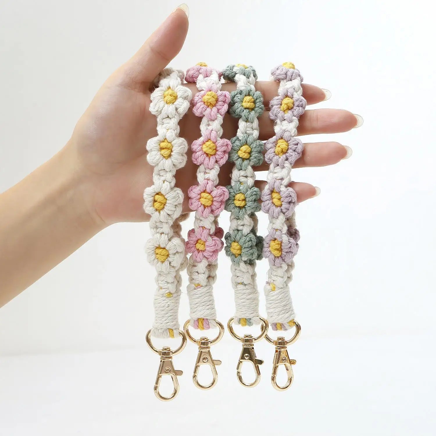 Country Flower Weaving Wrist Lanyard Key Chain Key Holder Rope Lanyard Macrame Keychain Boho Handmade Wristlet Bracelet Keychain