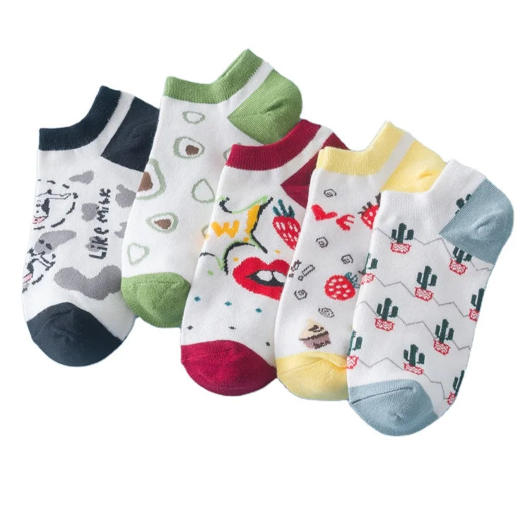 Women Lattice Cactus Avocado Strawberry Cow Fruit Cotton Sock Girls Summer Autumn Ankle Socks Comfortable Boat Socks