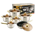 Wholesale 12Pcs Cooking Pots and Pans Stainless Steel Gold Cooking Pots Nonstick Kitchen Cookware Sets Metal Pot Set Stocked