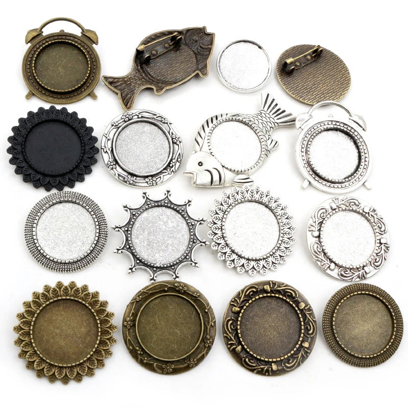 20mm Inner Size Antique Silver Plated and Antique Bronze Colors Plated Brooch Pin Multi Styles Cabochon Base Setting