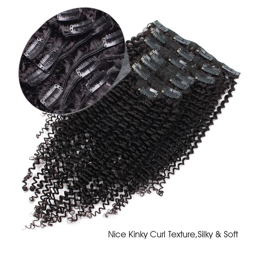 Brazilian Remy Kinky Curly Hair Clip in Human Hair Extensions Natural Color 8 Pieces/Set Full Head Remy Hair Extension Clip