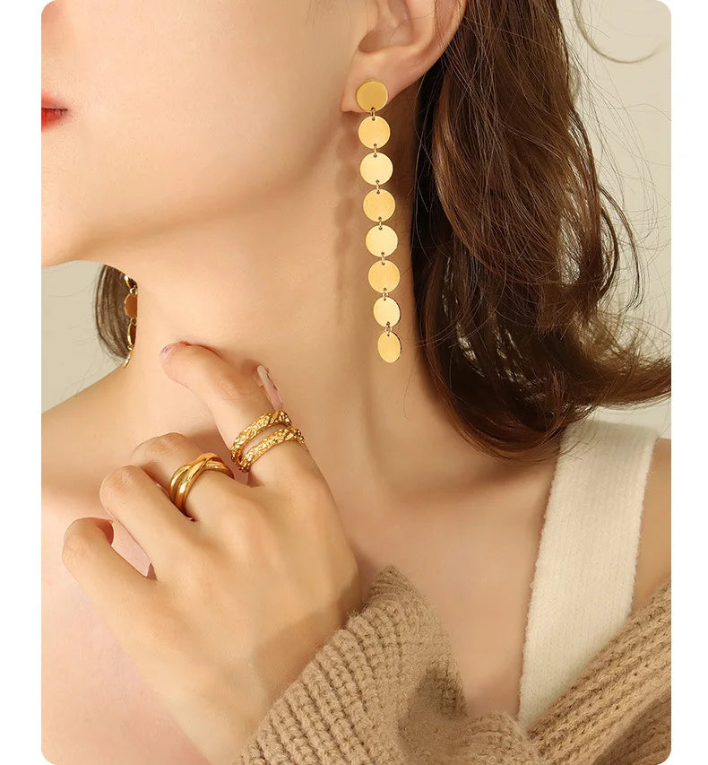 2022 Fashion New Stainless Steel 18K Gold Light Luxury Temperament Simple Frosted Round Piece Brushed Fringe Earrings