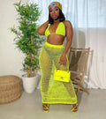 Just Arrivals STOCK 2Colors Crochet Dress Knitted Two Pieces Beachwear Triangle Top Long Beach Skirt
