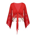 Cheap Woman Flare Sleeve Lace-Up Cardigan Lace Patchwork Tassel Belly Dance Blouse Women Tops