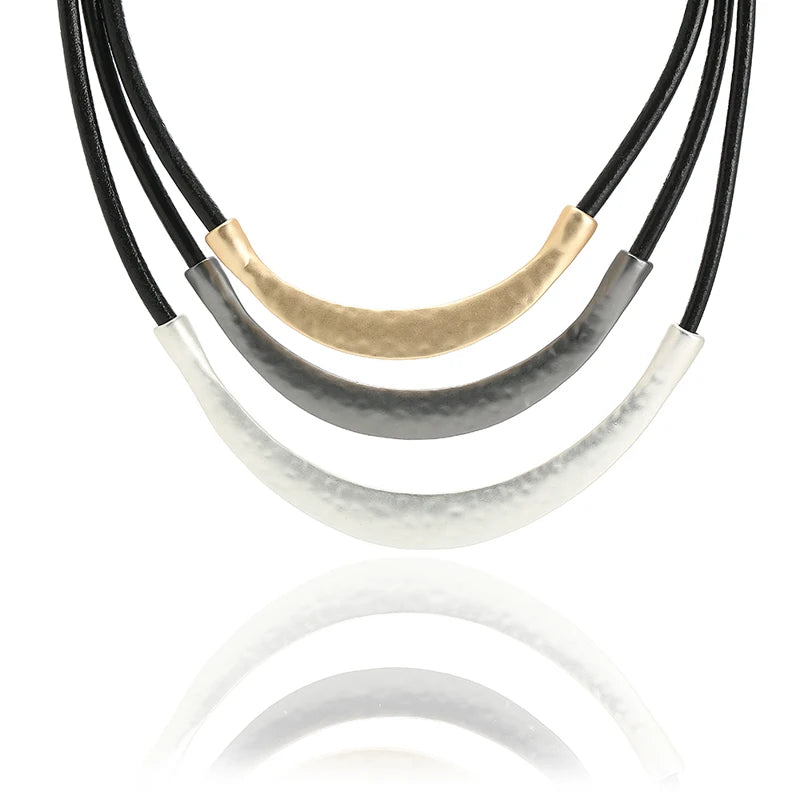 Black Leather Wax Cord Matt Finish Hammered Three Multilayer Alloy Bar Pendant Necklace