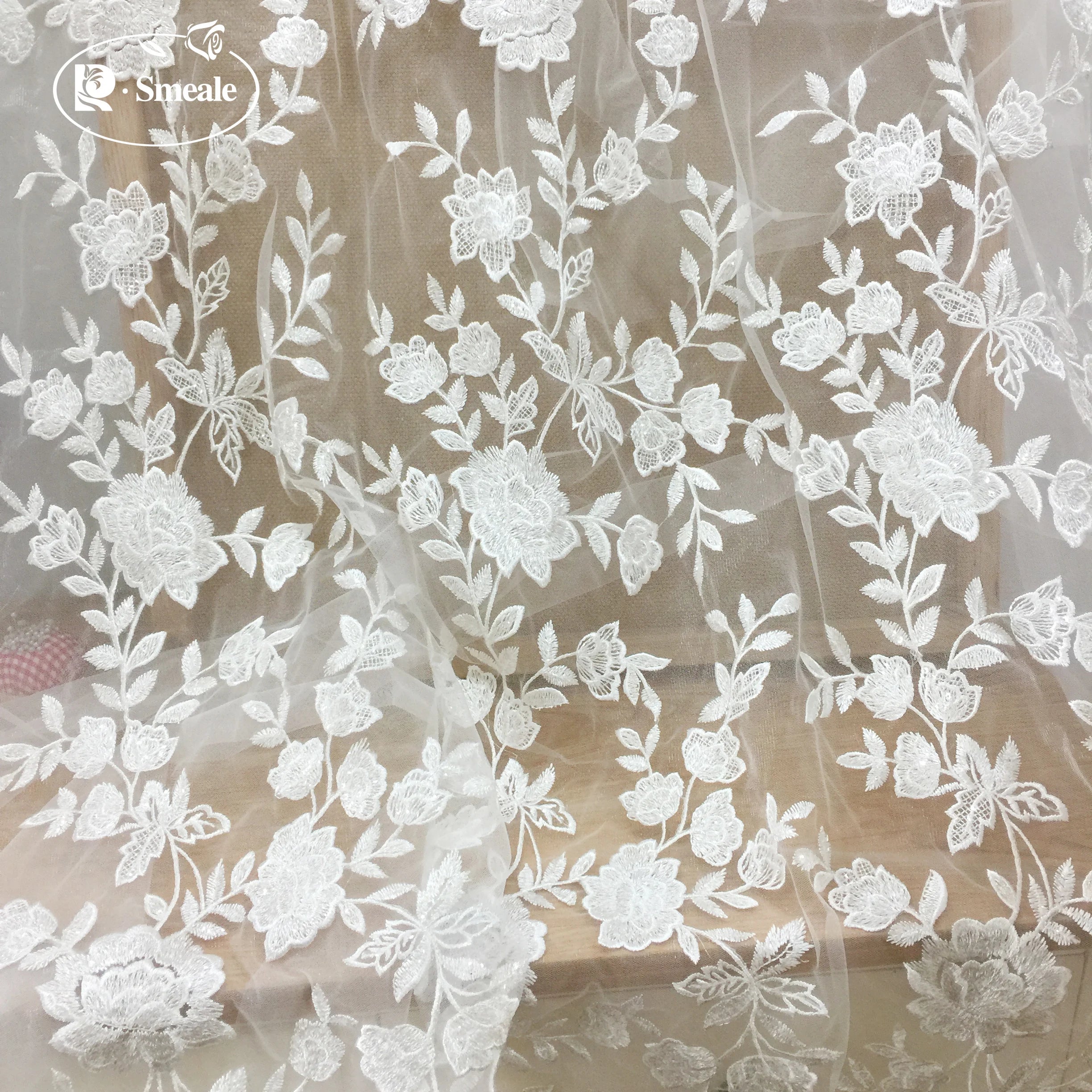 Sequined 3D Embroidery Luxurious Mesh Lace Fabric Handmade DIY Wedding Dress Flower Accessories 100% Polyester