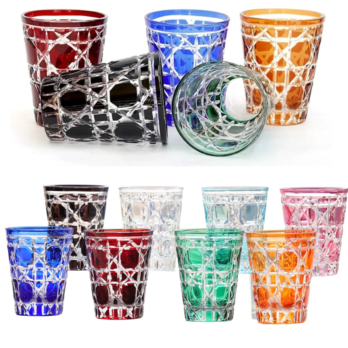 260ml Hand-Cut Japanese Kiriko Engraving Glass Clear to Red Blue Green Orange Black Colors Whisky Cup Higball Glasses