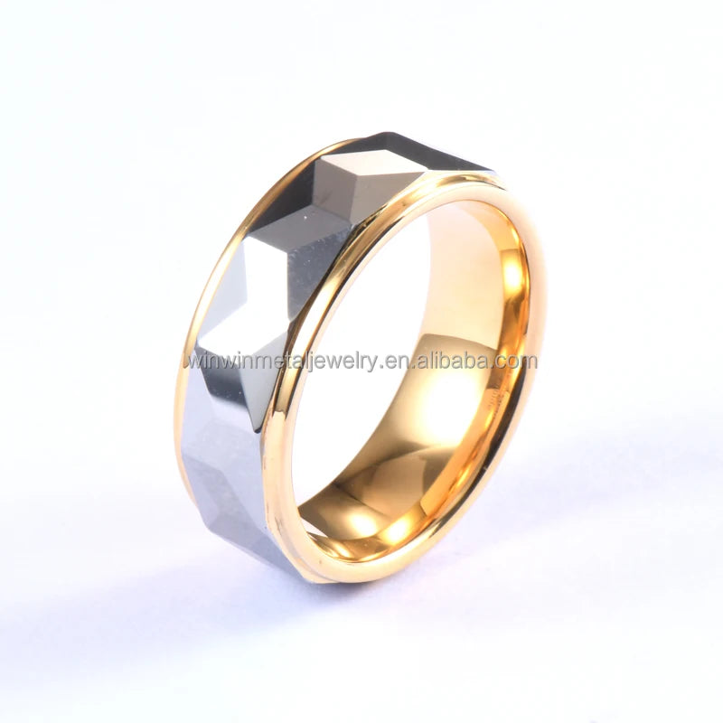 8mm Concave Surface Tungsten Carbide Wedding Engagement Band for Men High Polish Shiny Multi-Faceted Two Tone Trendy Ring