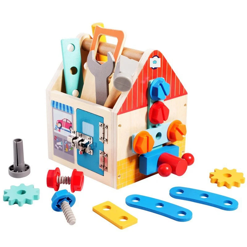 Children's Early Education Hand Tool House Screw Nut Tool Basket Wooden Puzzle Hands-on Lockbox Toy