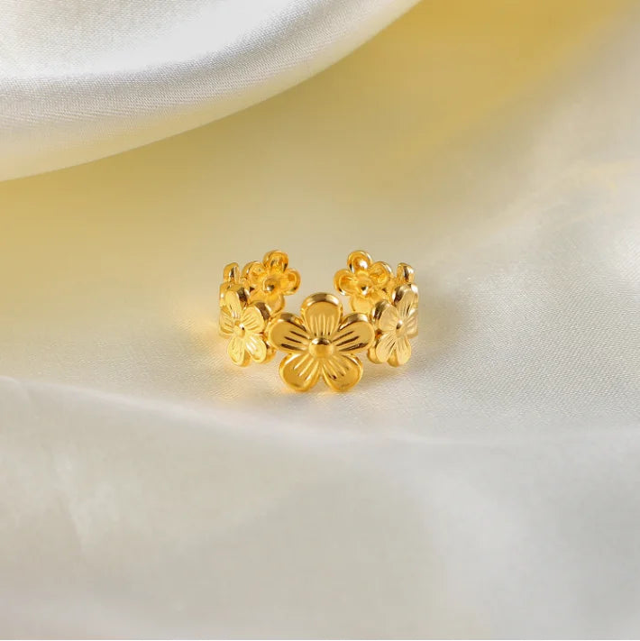 Fashion Flower Open 18k Gold Plated Stainless Steel Rings for Women Fine Jewelry Rings