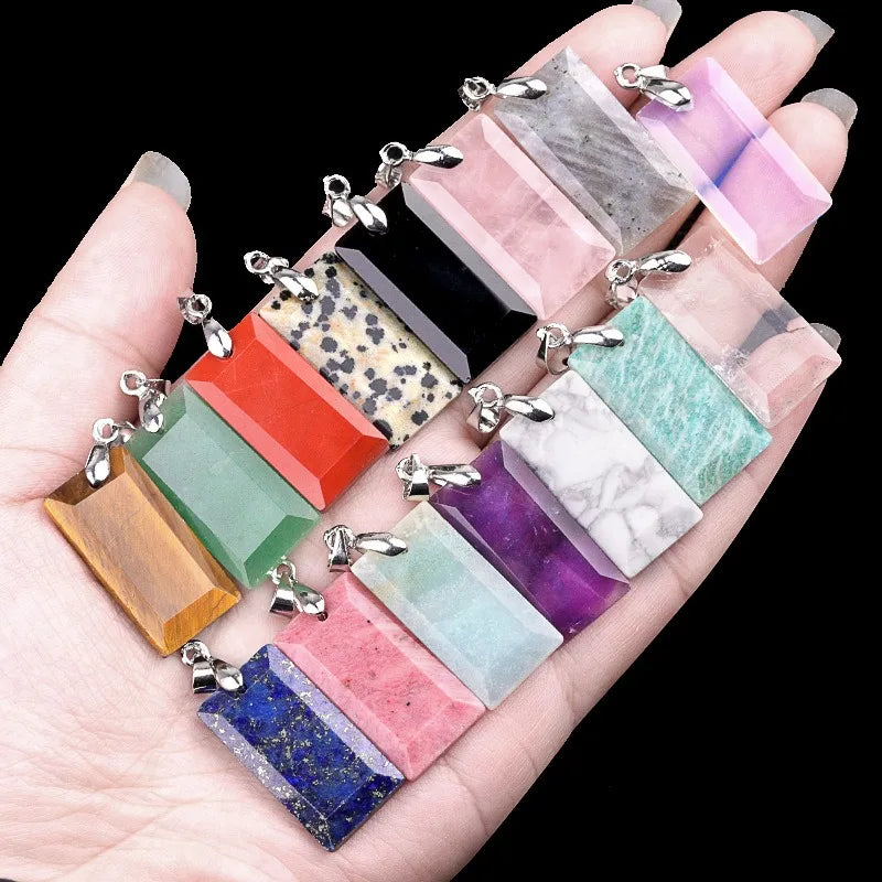 Silver Copper Buckle Energy Crystal Natural Stone Faceted Rectangle Pendant for Necklace DIY Jewelry Accessories