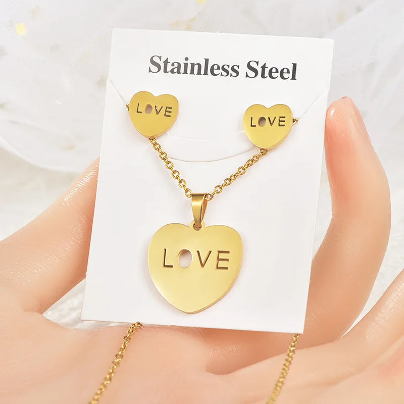 Risingmoon Hot Sale 3pcs/card 18K Gold Plated Necklace Non Tarnish Stainless Steel Earrings Jewelry Sets for Women Wholesale