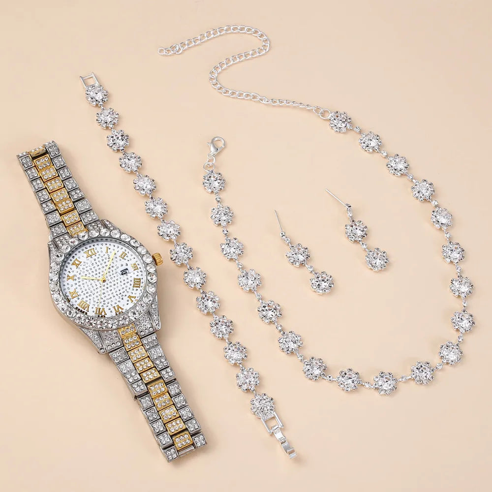 2025 Fashion Fully Rhinestone Diamond Three-eye Steel Female Wrist Watches Hip Hop Bling Gold Watch Set for Women