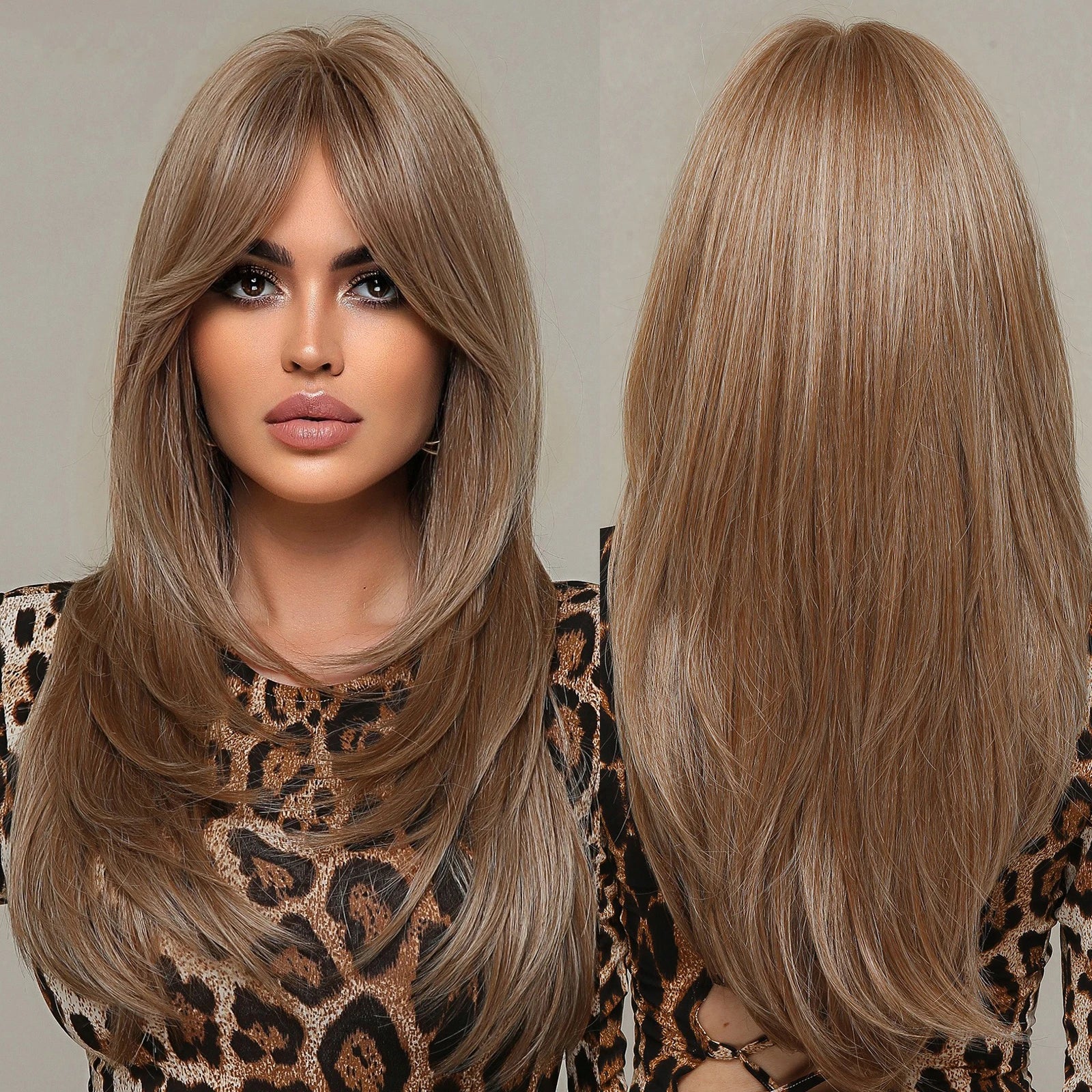 Stock Long Straight Blonde Layered Synthetic Wigs with Side Bangs Wig for Women Heat Resistant Hair