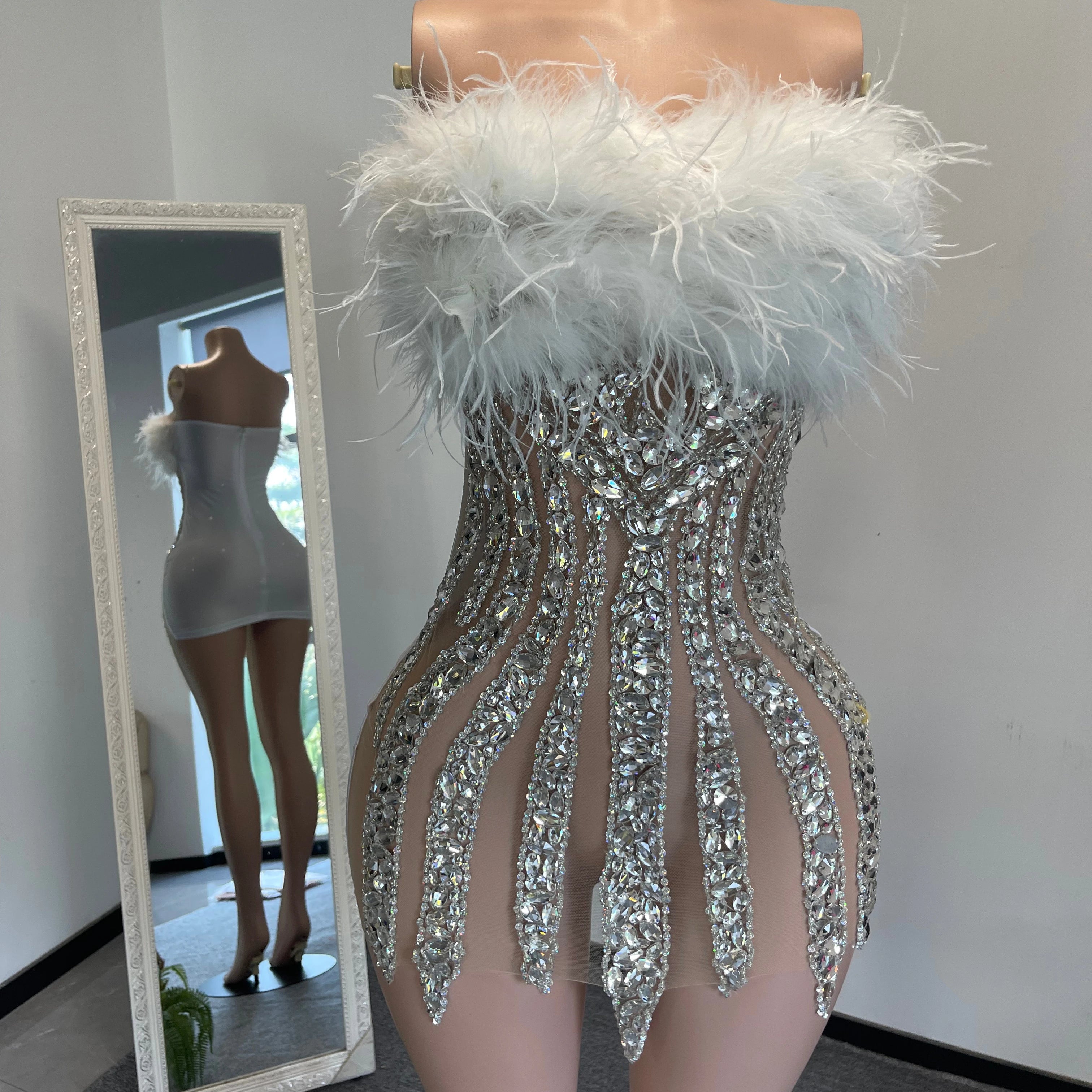 Ocstrade Diamond Backless Off Shoulder Club Dress Rhinestone Party Green Feather Mini Dress Crystal Glitter Further Dress