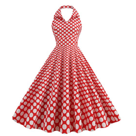 Hepburn Summer Dress Women Polka Dot Vintage Halter Robe Housewife Retro 50s 60s Midi Dresses Vestidos