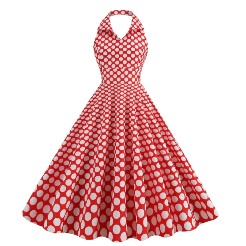 Hepburn Summer Dress Women Polka Dot Vintage Halter Robe Housewife Retro 50s 60s Midi Dresses Vestidos