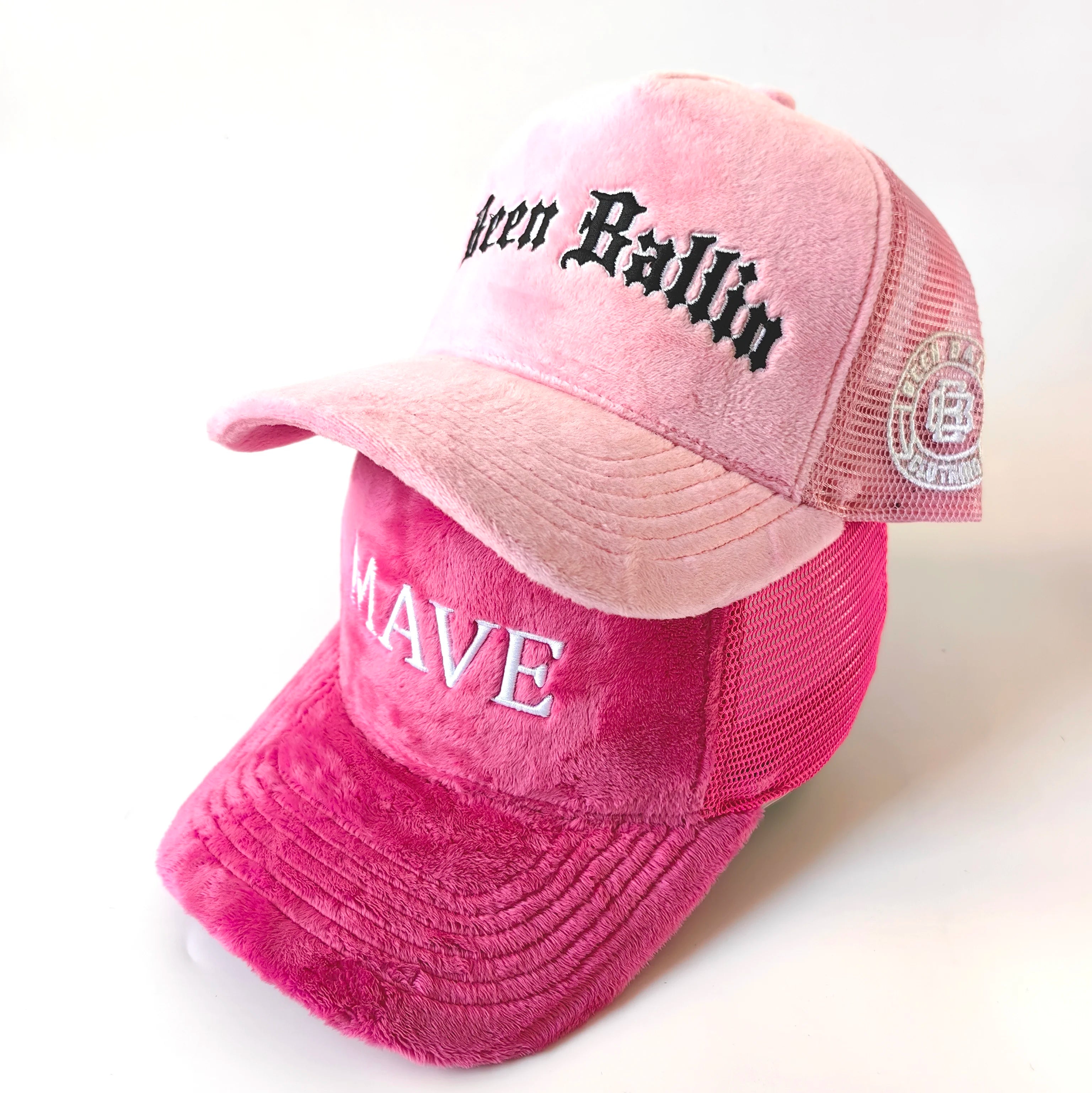 Pink 3D Embroidery Puff Logo 5 Panel Mesh Velvet Fur Trucker Cap Blank Customized High-quality Breathable Waterproof Character