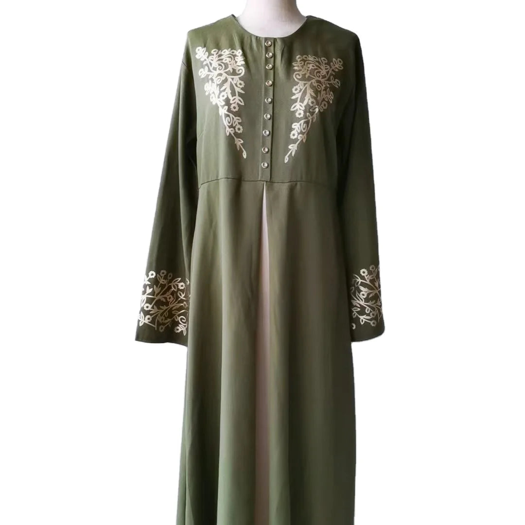 Pure Black Red Green Color Front Printing Flower Slit Button Decoration Fashionable Long Skirt for Muslim Women