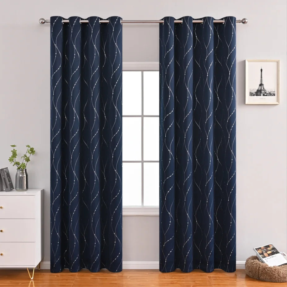 XinLan New Design Dark Blue Wave Dots and Line Silver Harp Printed Grommet Blackout Curtains Sliding Glass Door