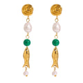 J&D Ocean Design 18K Stainless Steel Waterproof Freshwater Pearl Green Agate Fish Charm Long Earrings
