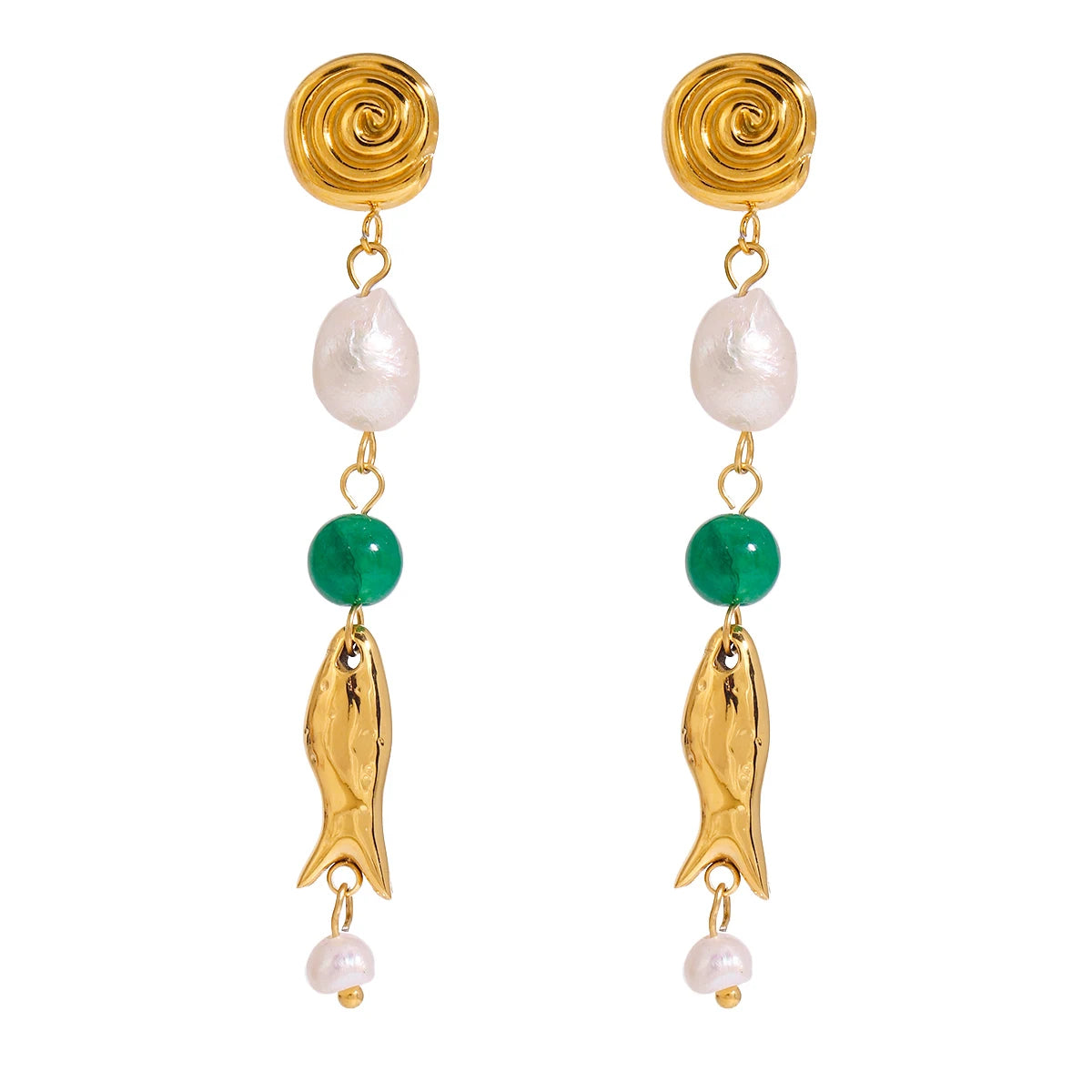 J&D Ocean Design 18K Stainless Steel Waterproof Freshwater Pearl Green Agate Fish Charm Long Earrings
