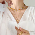 Unique Design Stainless Steel Polychrome Beads Double Layer Print Heart Pendant Choker Bohemia Necklace Women Gift P1240