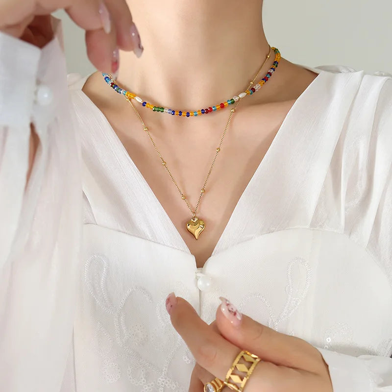 Unique Design Stainless Steel Polychrome Beads Double Layer Print Heart Pendant Choker Bohemia Necklace Women Gift P1240