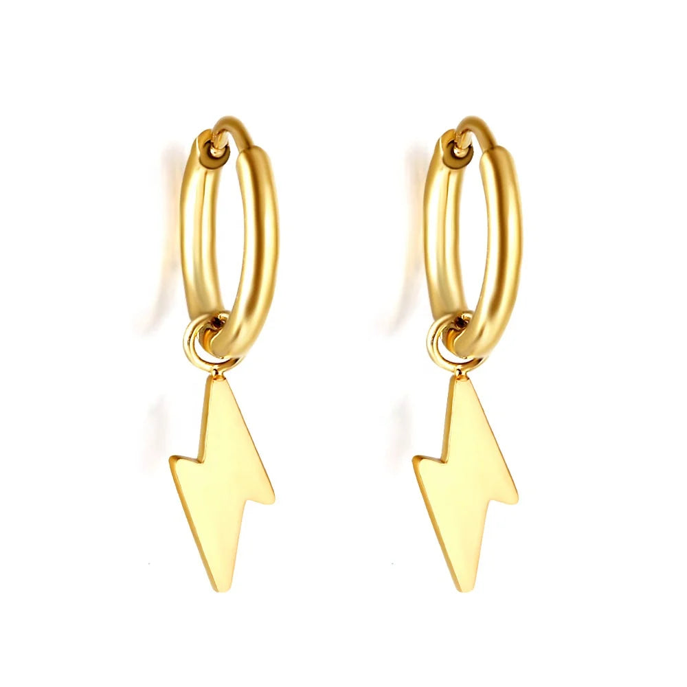 PVD 18k Gold Plated Waterproof Lightning Bolt Charm Huggie Earrings Hypoallergenic Kid's Jewelry Stainless Steel Trendy