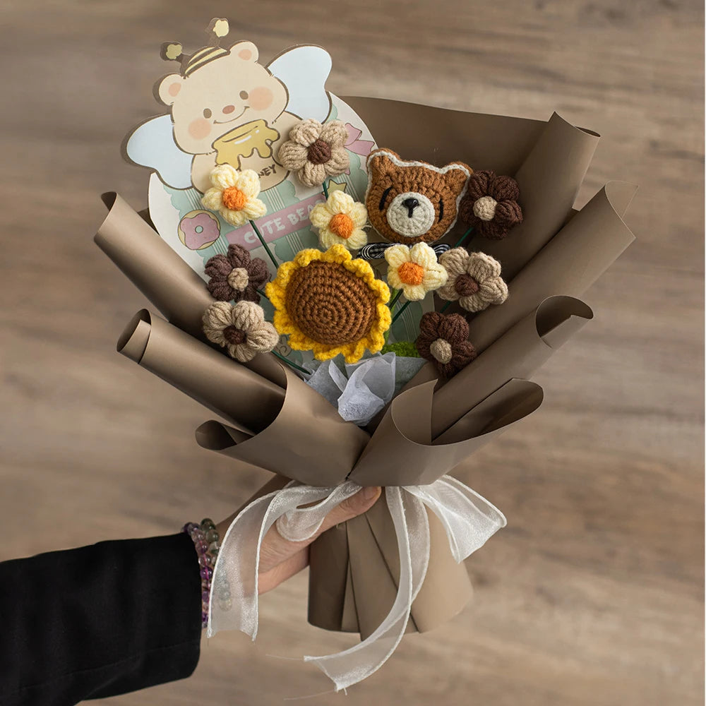 2025 New Handmade Crochet Knit Sunflower Flower Bouquet for Valentine's Day New Year Christmas Decorations Gifts Artificial