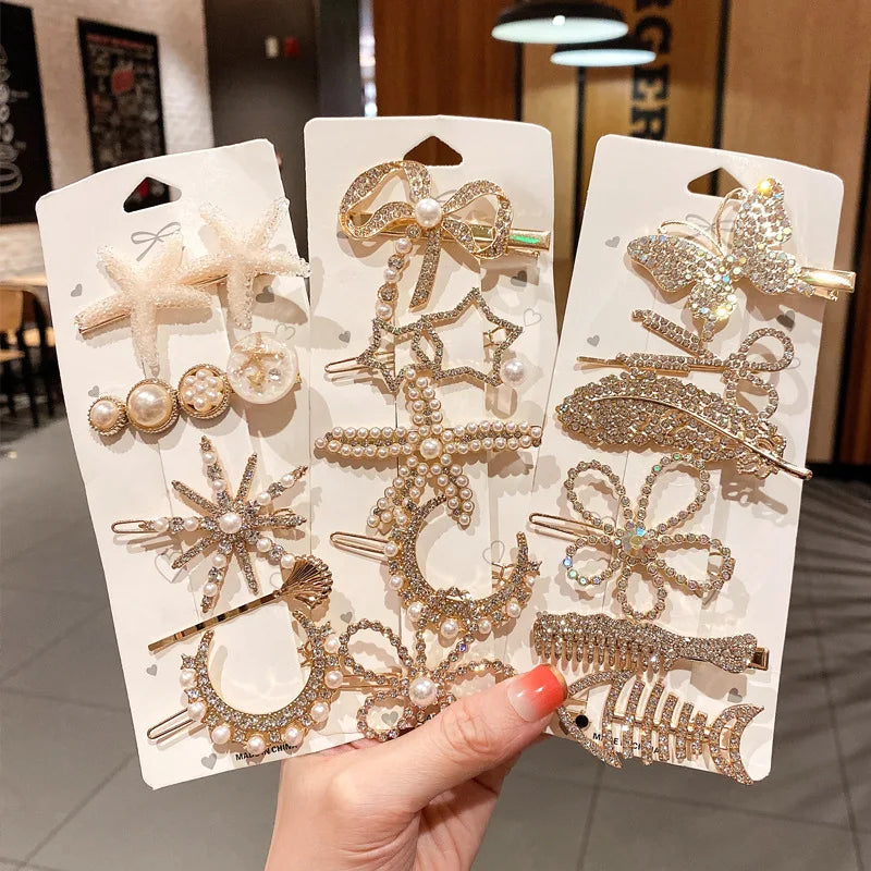 Korean Style Rhinestone Hairpin Hair Accessories Set Female Bow Tie Moon Star Flower Shaped Duckbill Pearl Hair Clip for Women