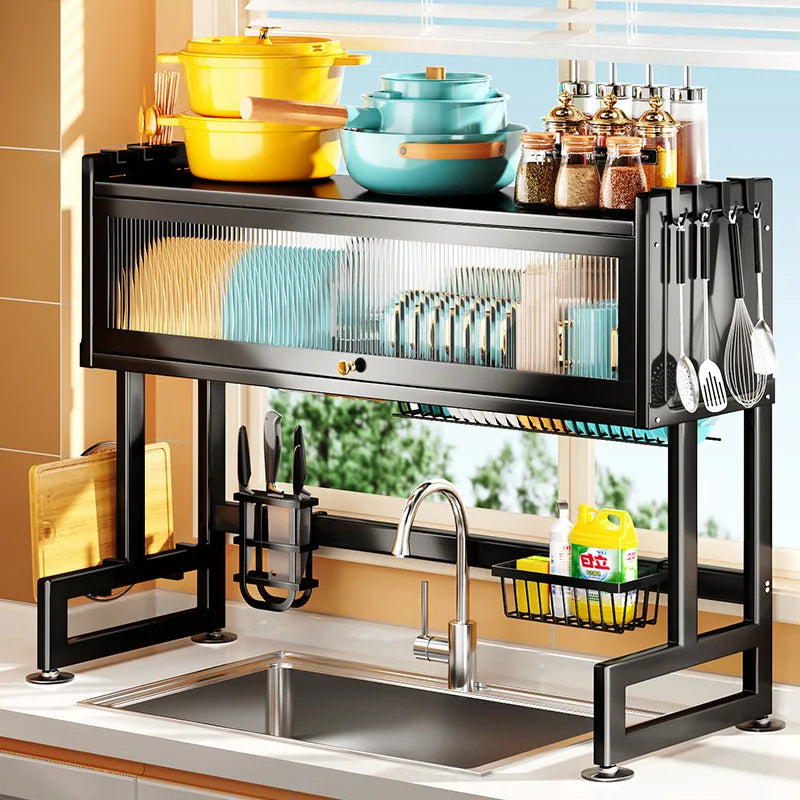 65-105cm Large Size High Storage Sink Dish Rack 2 Tier Dish Drying Rack Standing Kitchen Organization Storage Holders