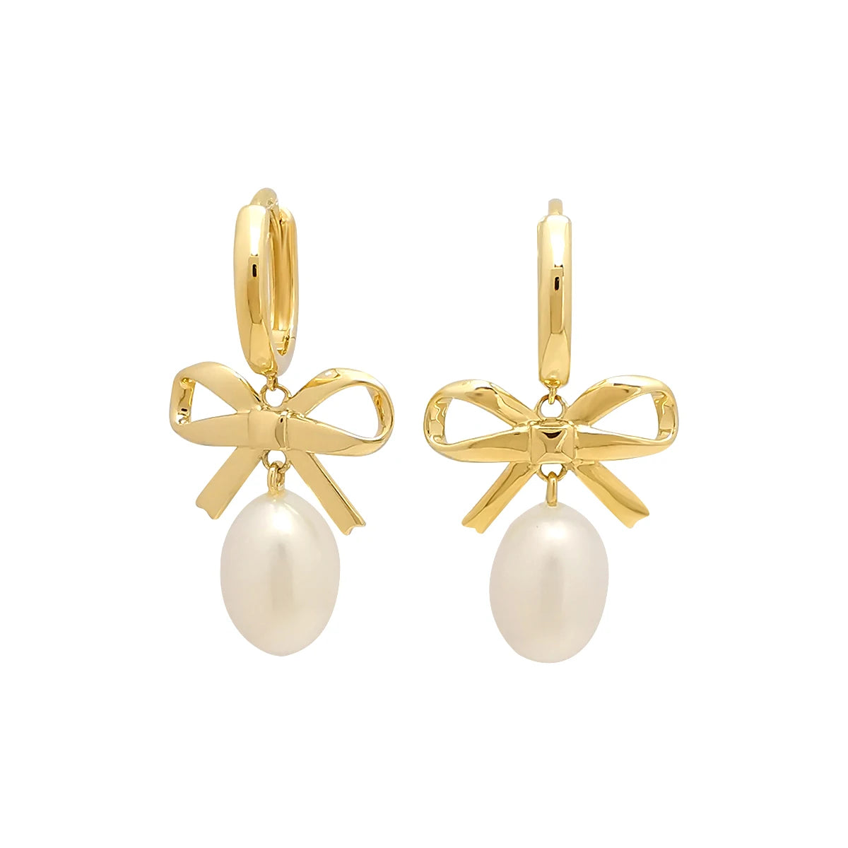 Lovely Cute 14K Solid Gold Bow Earrings with Freshwater Pearl Hoop Design for Women-Anniversary & Party Gift