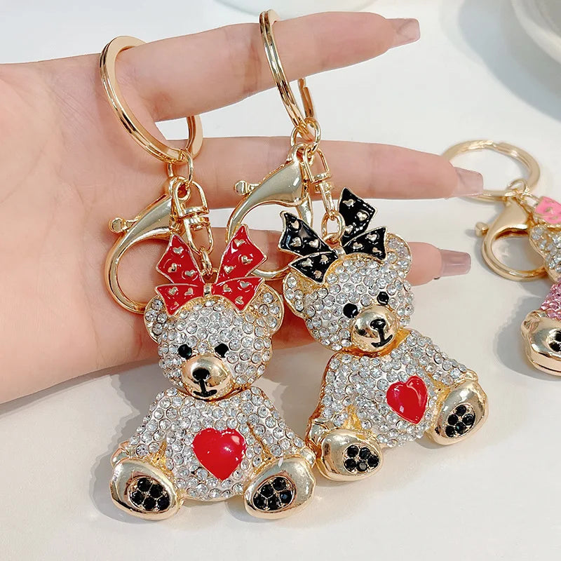 Lovely Crystal Heart Bear Pendant Key Ring Rhinestone Bow Knot Small Bear Keychain for Girls Gift