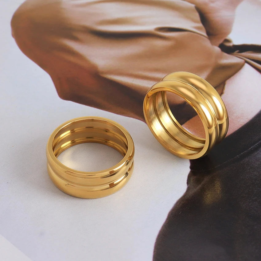Minos Stainless Steel Double Layer Thick Ring Tarnish Free Jewelry 18K Gold Plated Wide Dome Ring for Women
