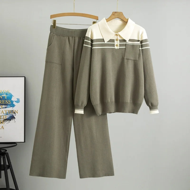 2025 XS Size Women's Two-Piece Set Loose Casual Wide-Leg Pants Knitted with Striped Sweater Spring Autumn Trade Casual Style