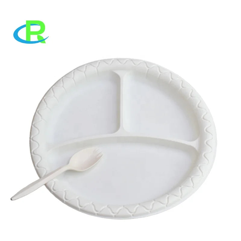 Factory Price 8" 9" 10" Three Compartment  Customize Packaging Compostable Cornstarch Disposable Plates