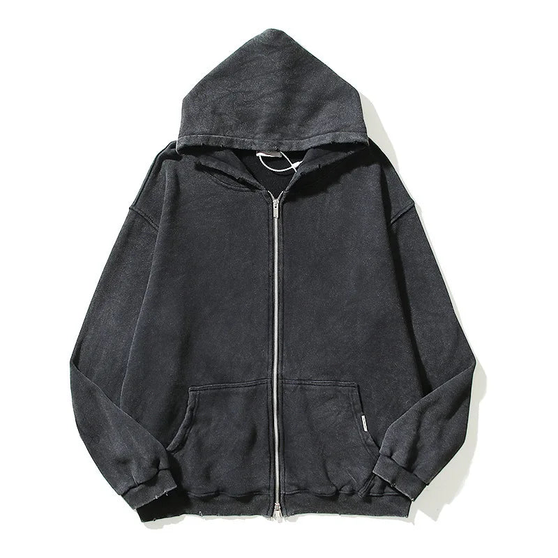 Custom Logo Winter Men for French Terry Cotton Black Unisex Solid Vintage Blank Full Zip up Acid Wash Hoodie