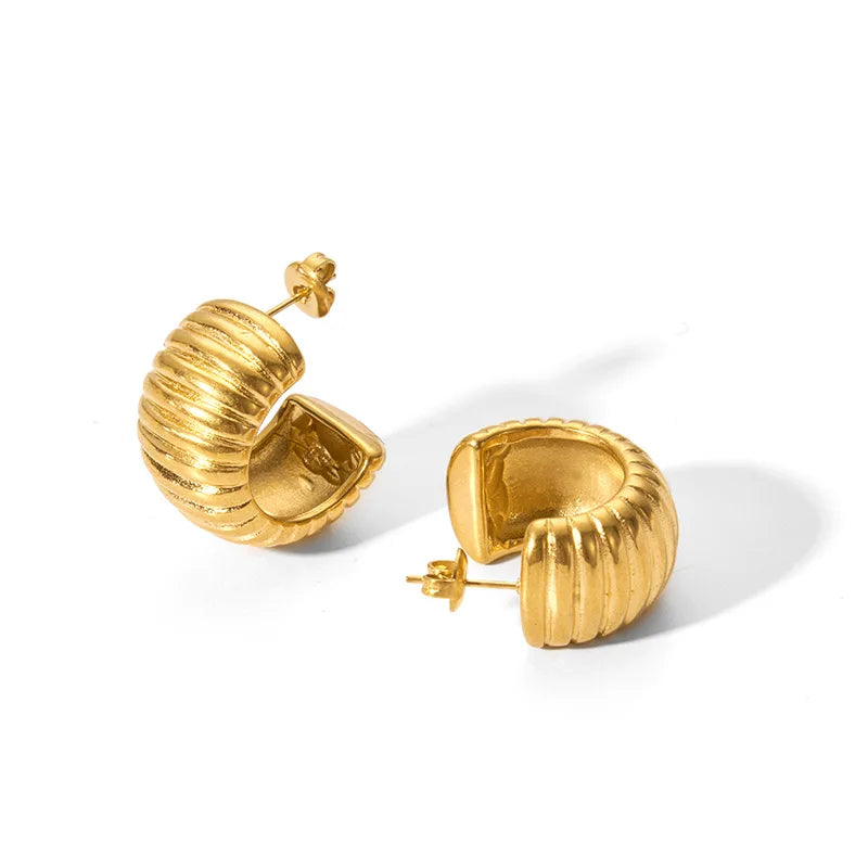 2023 Waterproof Jewelry Stainless Steel 18K Gold Plate Earrings Wide Bread Texture CC Shaped Earring for Women YF3596