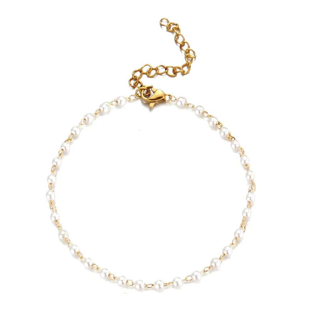 Fashion Tiny Stainless Steel Pearl Beaded Sterling Silver Bangle Bracelet MegaBDM