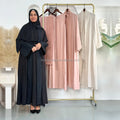 Habib 3 Piece Abaya Set Islamic Clothing Embroidered Linen Polyester Open Abaya Dress Hijab With Inner Dress