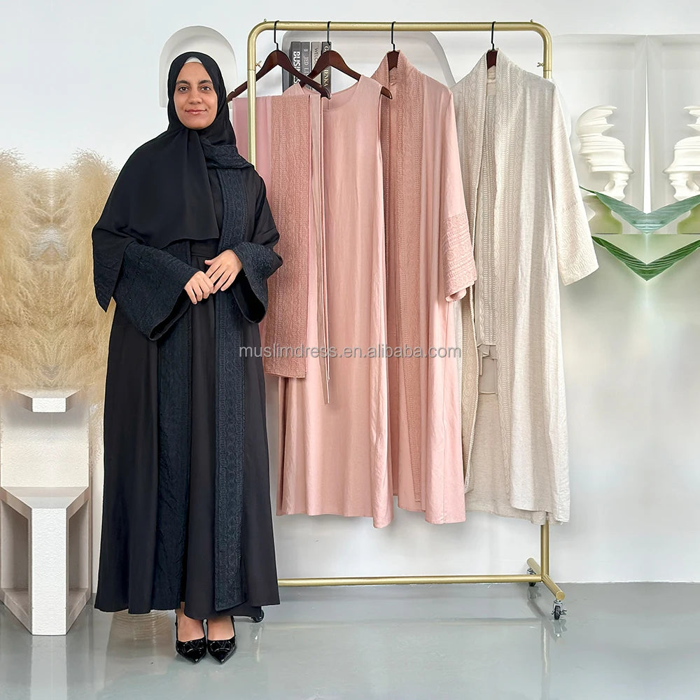 Habib 3 Piece Abaya Set Islamic Clothing Embroidered Linen Polyester Open Abaya Dress Hijab With Inner Dress