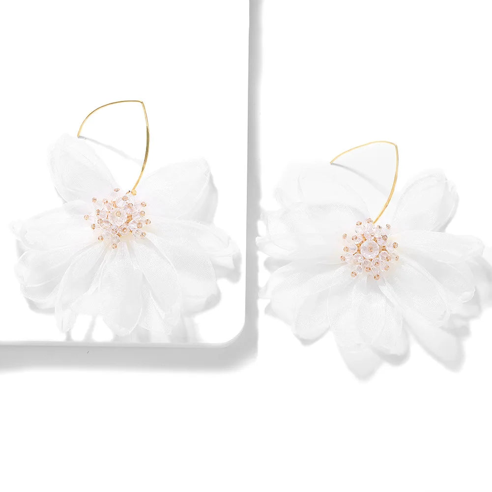 New Ultra Fairy Han Edition Clear Pure Flower Earring Temperament Gauze Breathable Hanging Type Vacation Cloth Art Hangs Pendant