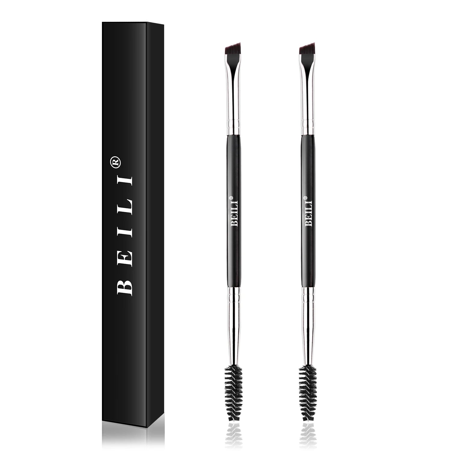 Customized Private Label Bevel Angle Synthetic Hair Eyebrow Brush 2 in 1 Double Ended  with Eyebrows Eyebrow Spoolie Brush