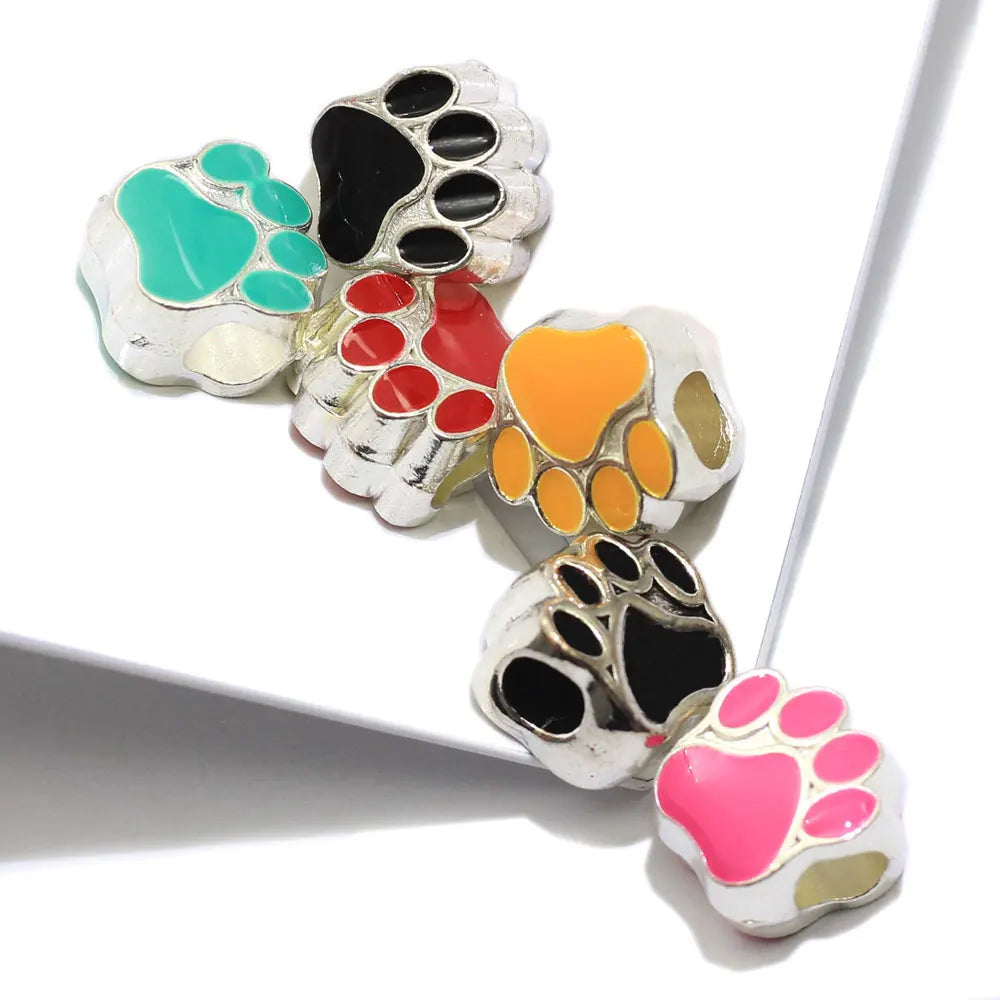 Kawaii Cartoon Animal Footprints Beads Alloy Enamel Big Hole Charms for Bangles Necklace Making Supply