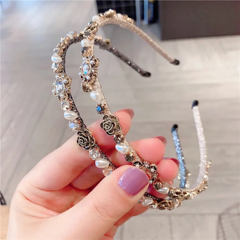 White Pearl Crystal Headband Plush Vintage Hair Band Pearls Head Band Women Headbands Boho Flower Headband