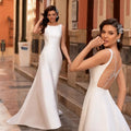 13495# Real Photos Sleeveless Boat Neck Backless A-line Wedding Dress Sweep Train Satin Beading Bride Gown for Women